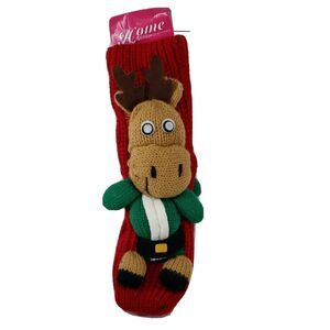 Slipper Socks Anti-Slip Womens Non-Skid Reindeer Hand Made Red Christmas Home